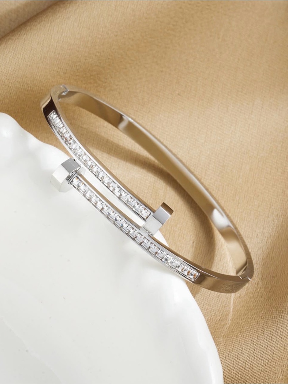 Classic Sterling Silver Crystal Bar Bangle Bracelet